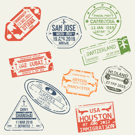 Set of isolated passport stamps of arriving to Ottawa, Costa-Rica, Cambodia, UAE, Switzerland, Japan, UK, Australia, USA and China. Vector illustration.のイラスト素材