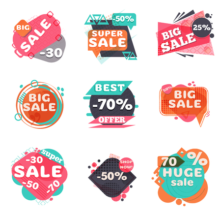 Set of modern sale labels. Collection symbols such as Special offer, Hot sale, Best price, Big Sale, Huge sale, Shop now.の写真素材