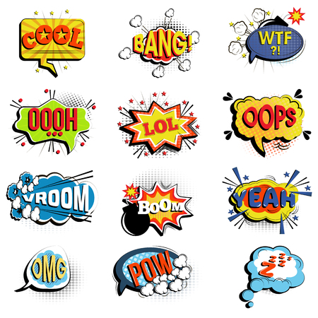 Comic speech bubbles. Onomatopoeic expressions: Lol and cool, bang and WTF, OOOH and OOPS, Vroom and yeah, boom and powの写真素材