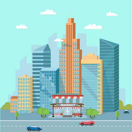Urban landscape with market places, skyscrapers and city buildings near the freeway - roads with car trafic. Vector illustrationのイラスト素材