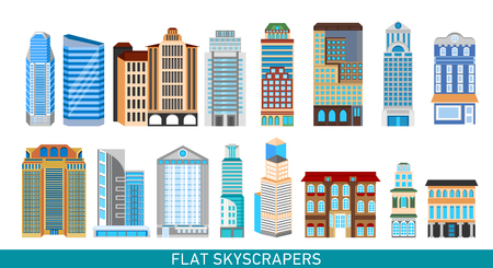 Modern skyscrapers set in flat style. Vector illustration for busines infographics. City design elements.のイラスト素材