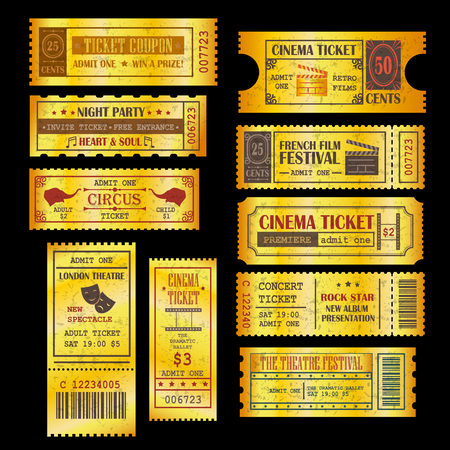 Set of golden vector tickets and coupons template. Can be used for theatre, cinema, circus, film festival, party, ect.のイラスト素材