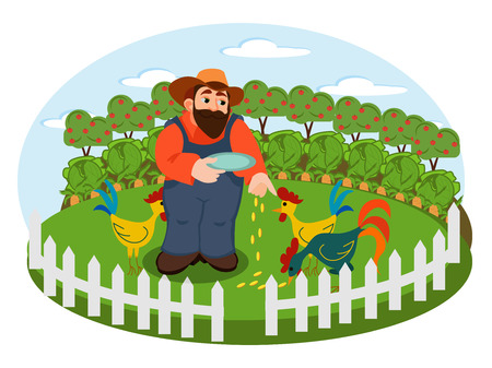 Farmer on the background of his farm with chicken and cock. Village theme. Flat style vector illustrationのイラスト素材