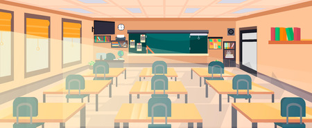 Vector classroom interior at the school, university, institute, college. Educational concept, blackboard, desks, office supplies. Training room illustration. Lesson for teaching and learning.のイラスト素材