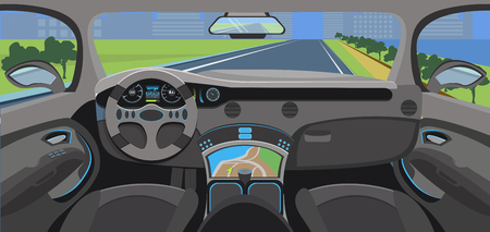 Electrocar salon. Vehicle interior comfort cabin with view of road in Window.のイラスト素材