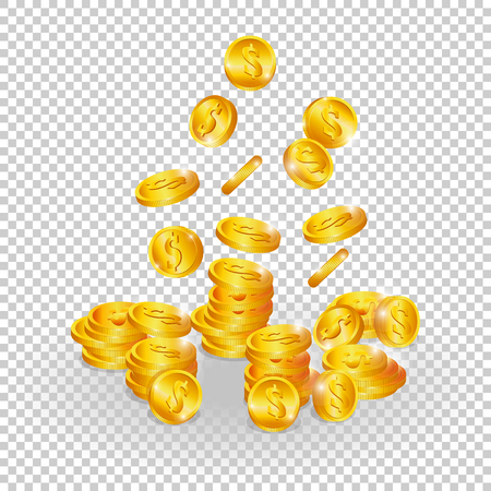 Realistic golden coins. Falling money, Isolated on transparent background.のイラスト素材