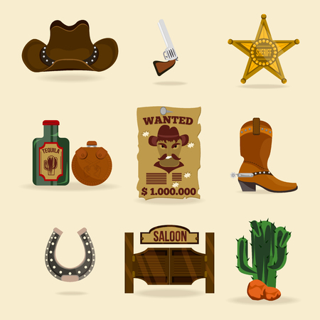 Wild west cowboy objects and design elements with horseshoe, revolver, flasks and cactus in cartoon isolated vector illustrationの写真素材