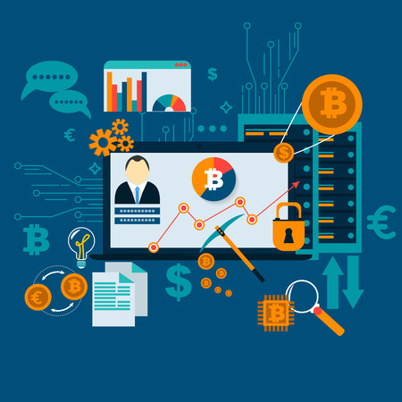 Modern financial infographic. Mining farm. Bitcoin crypto currency surrounded by cryptocoins or digital currency coins, with computers and gadgets.Vector illustration in flat style.のイラスト素材