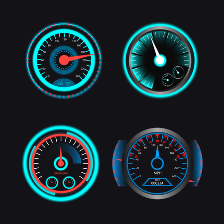 Set of speedometers for dashboard. Realistic panel for transport automobile illustrationのイラスト素材