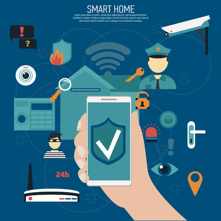 Smart home. Flat design style vector illustration concept of security house technology system with centralized control. Mobile apps.Technology icons and design elements.のイラスト素材