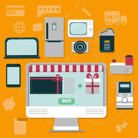 Online shoping home technical devices on pc screen. Online supermarket vector concept. Set of flat design concept icons for web marketing.のイラスト素材