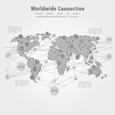 Worldwide network connection. World map points and lines concept of global business, international meaning. Internet technology. Vector illustrationのイラスト素材