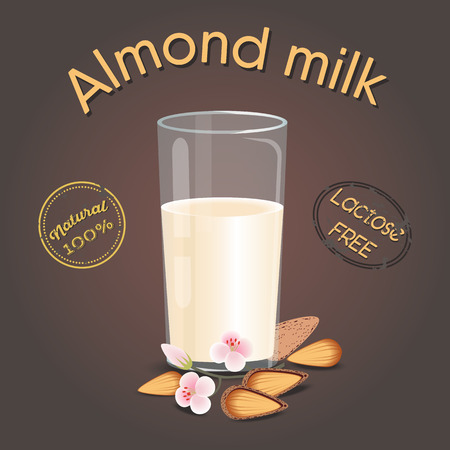 Glass of almond milk with nuts. Lactose free. Vegetarian product, flat design. Vector illustrationのイラスト素材