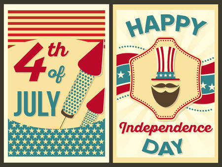 Independence Day of the United States. Set of Posters Happy Fourth of July in Retro Style. Vector Design.の写真素材