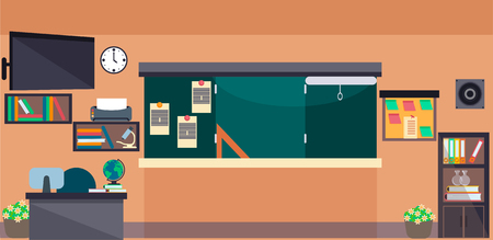 Vector classroom interior at the school, university, institute, college. Educational concept, blackboard, desks, office supplies. Training room illustration. Lesson for teaching and learning.のイラスト素材