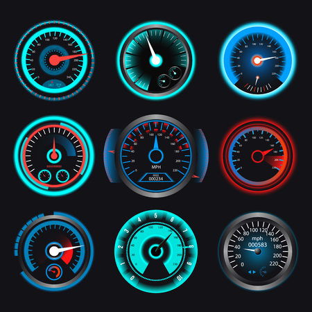 Set of speedometers for dashboard. Realistic panel for transport automobile illustrationのイラスト素材