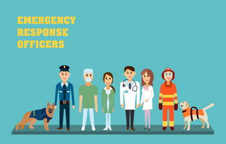 Emergency response officers - paramedic, nurse, doctor, firefighter and policeman. Rescuers in flat vector illustration.