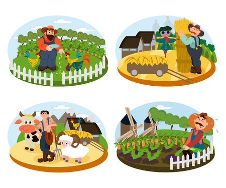 Set of Farmers on the background of his farm with cow, sheep and cock. Village theme. Flat style vector illustrationのイラスト素材
