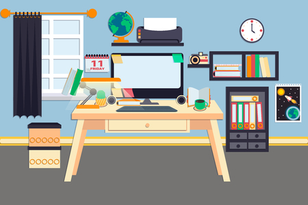 Workplace vector illustration. Desktop pc with different office devices. Online education. Comfortable place for studyのイラスト素材