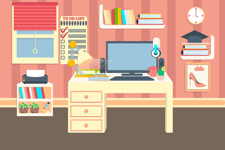 Workplace vector illustration. Desktop in lovely comfortable room. Online education. Comfortable place for studyのイラスト素材