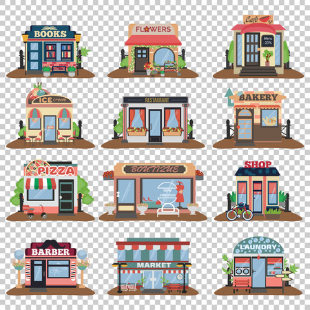 Set of vector flat facade icons. Bakery, flowers, cafe, restaurant, pizza, books, barber, ice cream and market laundry and boutique without background.のイラスト素材