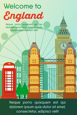 Landmarks banner in vector. Travel destinations card. Trip to England. Landscape template of world places of interest.のイラスト素材