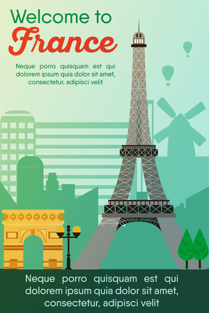 Landmarks banner in vector. Travel destinations card. Trip to France. Landscape template of world places of interest.のイラスト素材