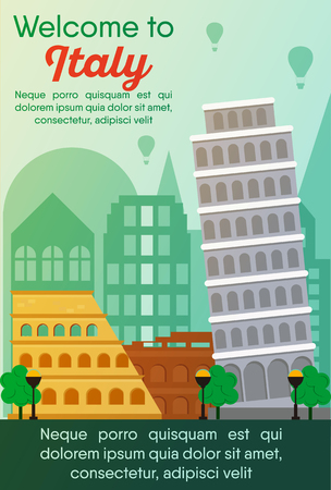Landmarks banner in vector. Travel destinations card. Trip to Italy. Landscape template of world places of interest.のイラスト素材