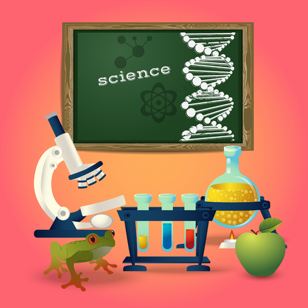 Colorful illustration with chemistry class attributes- blackboard, microscope, vials with different liquids and experimental frog and appleのイラスト素材