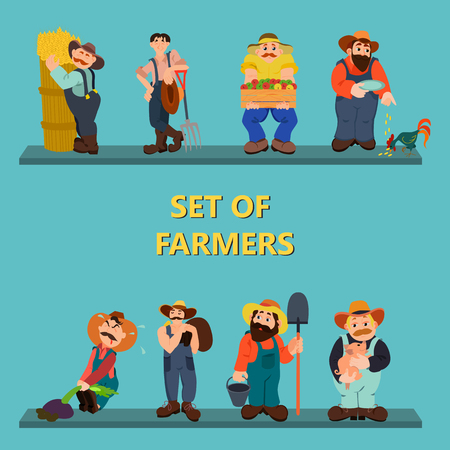 Set of farmers. Farmer with shovel, rake in wheat field working. Harvesting crop. Village theme. Flat style vector illustrationのイラスト素材