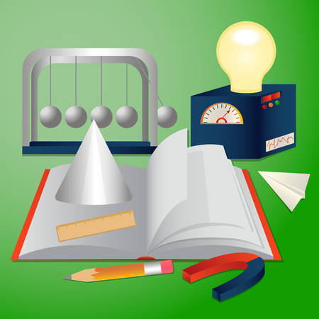 Vector illustration depicts school concept with corresponding staff like blackboard, notebook, pencil and other attributes referring to different subjectsのイラスト素材
