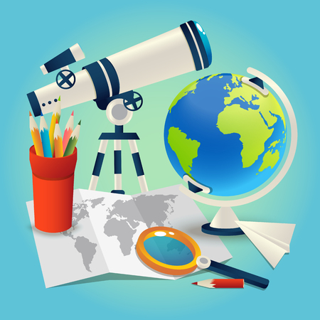 Illustration for School subjects attributes illustration in vector, showing a map with colorful pencils and globe which refers to geography class and telescope for astrology studies - Royalty Free Image