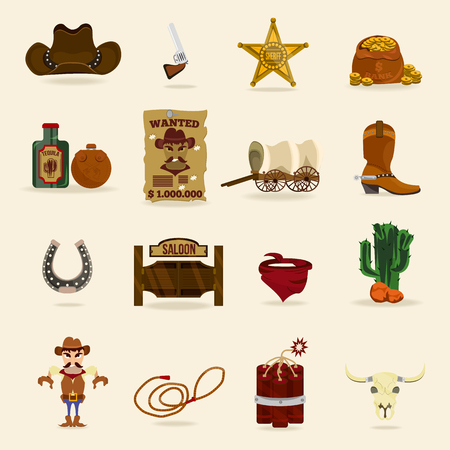 Wild west cowboy objects and design elements with horseshoe, revolver, flasks and cactus, dynamite, skull, in cartoon isolated vector illustrationのイラスト素材