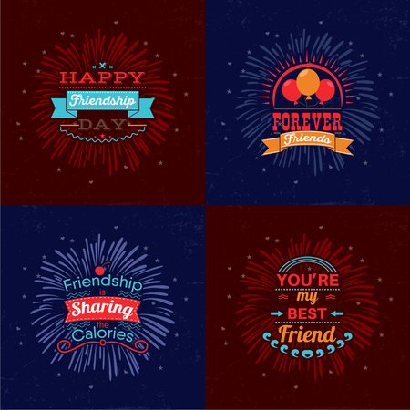 Set of posters Happy Friendship day. Vector illustration card with colourful text with creative strokes effect and typography.のイラスト素材