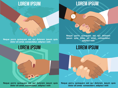 Set of Handshake in flat style. Business partners. Friendship, agreement and big deal vector flat concept.のイラスト素材