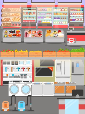 set of Supermarket interior on the checkout with different sections - fruits, meat, cheese and milk products. Big shopping mall. Shelves with products and drinksの写真素材