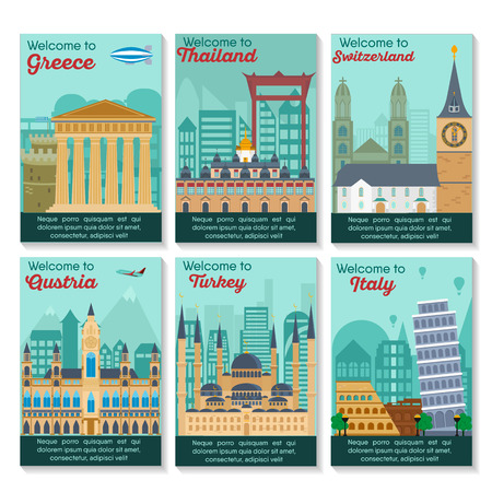 Set of different cities for travel. Landscape template flyer. Landmarks banner in vector. Travel destinations cards. Greece, Thailand, Switzerland, Austria, Turkey, Italyのイラスト素材