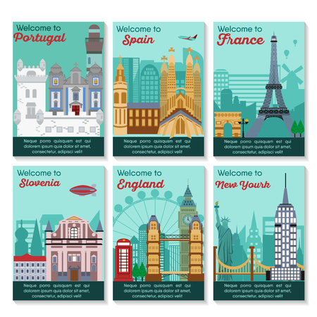 Set of different cities for travel. Landscape template flyer. Landmarks banner in vector. Travel destinations cards. Portugal, Spain, France, Slovenia, England, New Yorkの写真素材