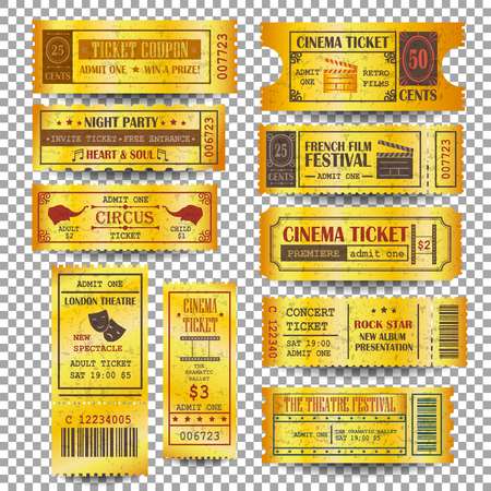 Set of golden vector tickets and coupons template. Can be used for theatre, cinema, circus, film festival, party, ect. Isolated on transparent background.のイラスト素材