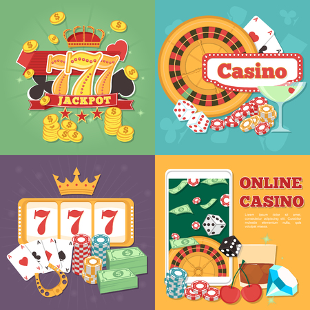set of banner Online Casino Concept with dice, golden coins, crown, cards, slots 777 banner and chips.. Poker and jackpot win, gambling game web, gamble play illustrationのイラスト素材