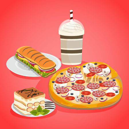 Fast food concept in cartoon style with burgers, cake cola and pizza. vector illustrationのイラスト素材