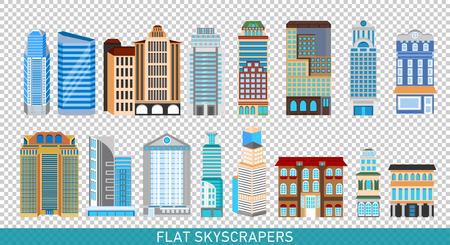 Modern skyscrapers set in flat style. Vector illustration for busines infographics. City design elements.のイラスト素材