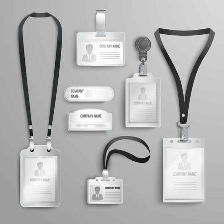 set of realistic clear plastic badges id cards holders on black lanyards. vector illustrationのイラスト素材