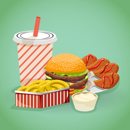 Fast food concept in cartoon style with burgers, chips cola and Chicken shins. vector illustrationのイラスト素材
