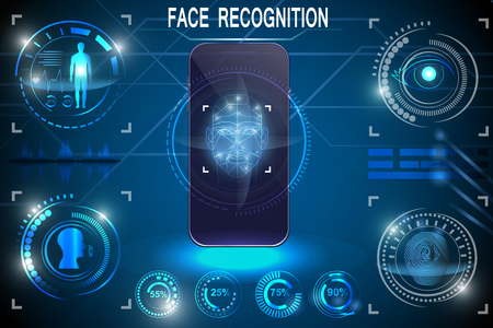 Biometric Identification or Recognition System of Person. Face ID. Technology Smart Phone Scanning. Set HUD Elementsのイラスト素材
