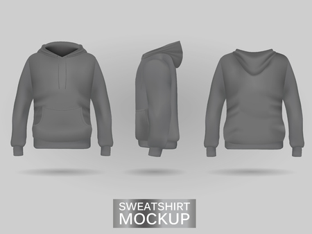 Grey sweatshirt hoodie without zip template in three dimensions: front, side and back view, realistic gradient mesh vector. Clothes for sport and urban styleのイラスト素材