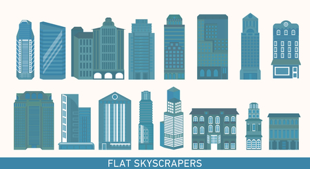 Modern skyscrapers set in flat style. Vector illustration for busines infographics. City design elements.の写真素材