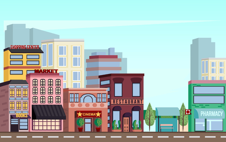 City downtown scenery with skyscrapers, shopping centers, markets, cinemas, restaurants, pharmacies, offices and other urban landscape in a vector.のイラスト素材