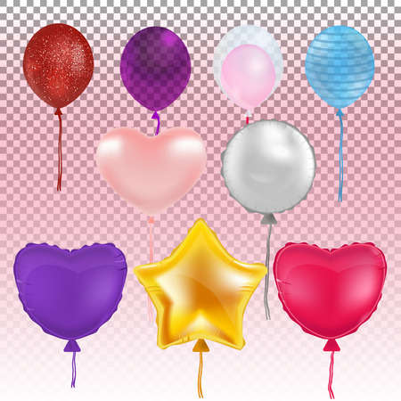 Set of realistic colorful balloons with golden star and heart on a transparent background. vector illustrationのイラスト素材