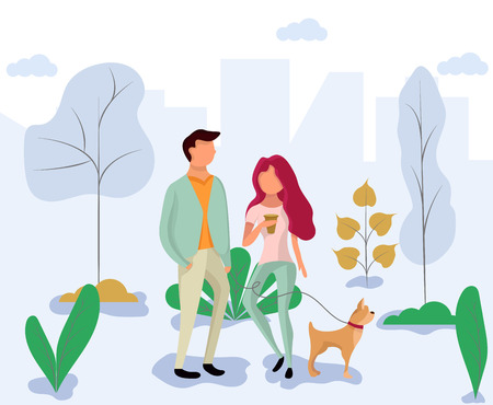 Date in the park. A couple walks with a dog away from the city center. The lifestyle of cartoon characters at cityscape street.のイラスト素材